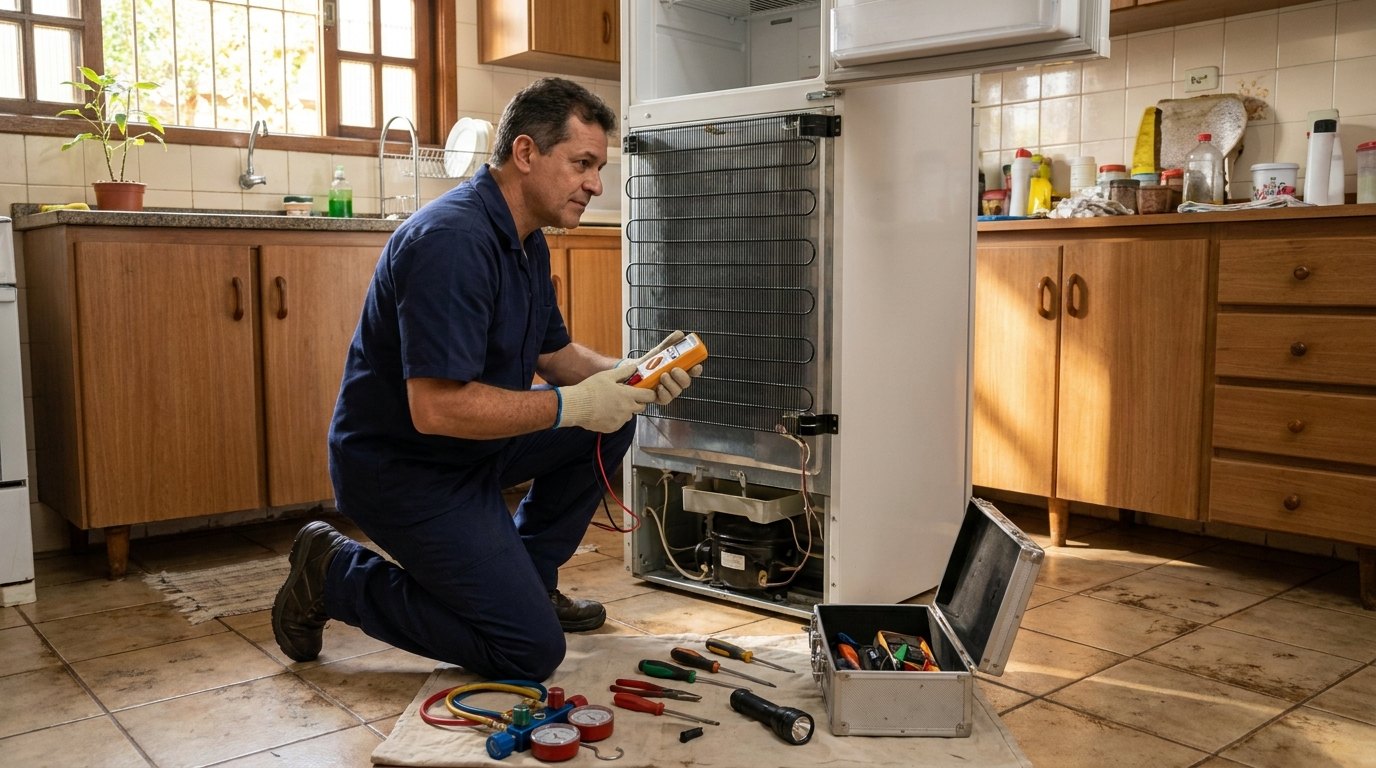 Técnico testando o compressor de refrigeração em Maceió‑AL